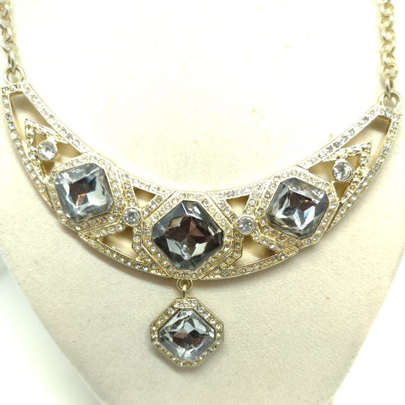 Gold Bar Necklace with Large Smoky Rhinestones Surrounded by Clear Rhinestones - Picture 2 of 8